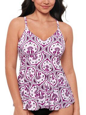 78$ Swim Solutions Tiletale V-Neck Printed Swim Tankini Top Size 12 Purple